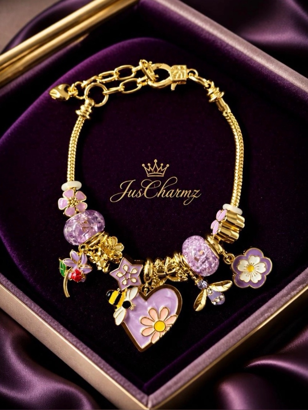 Gold & Lavender Floral Charm Bracelet